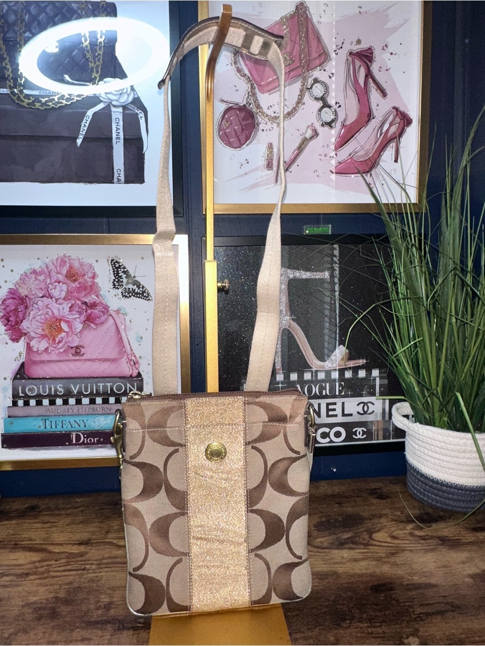 2008 Coach Signature Jacquard North South Gold Lurex Crossbody Swingpack